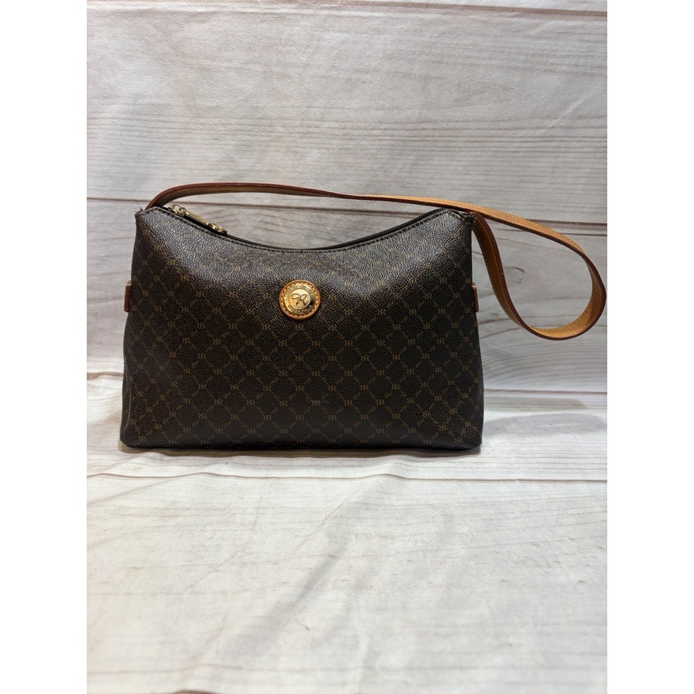 Rioni Moda Italia Brown RR Monogram Shoulder Bag Leather Trim Gold Logo
